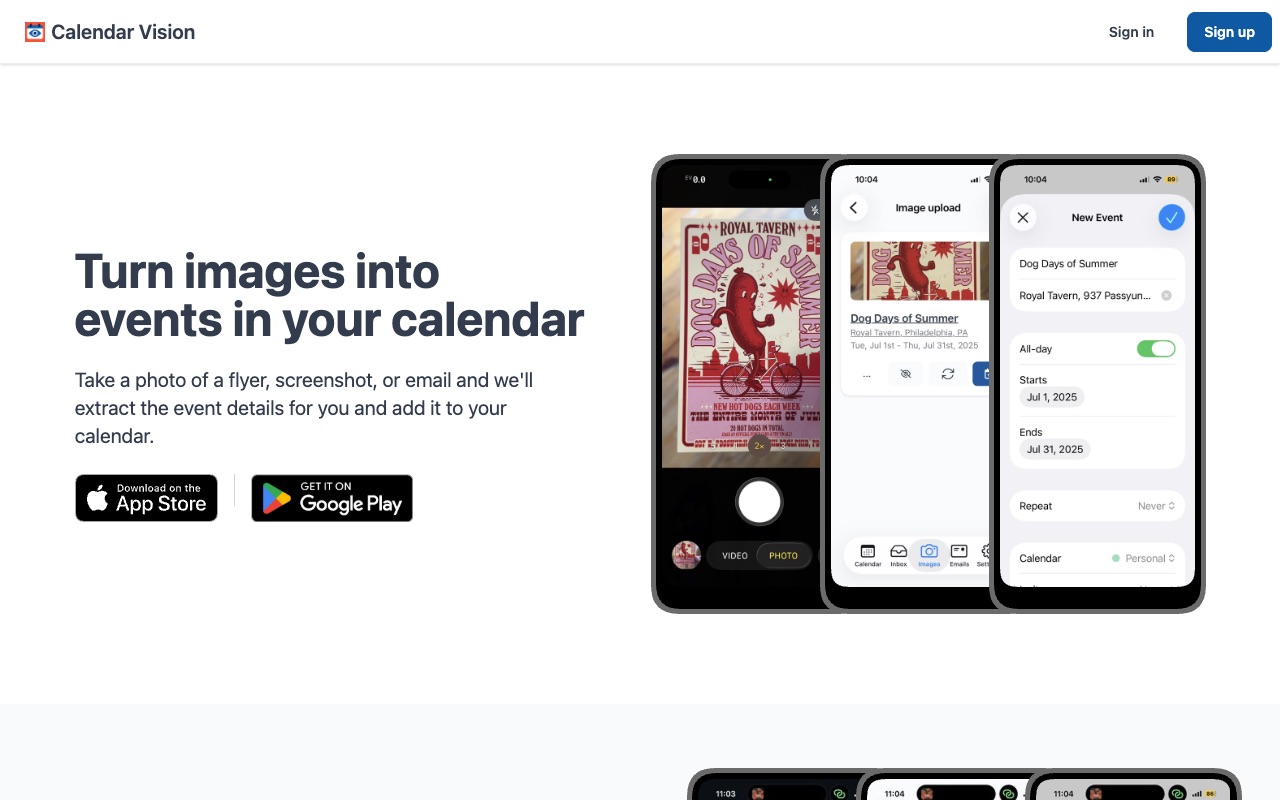 Calendar Vision website screenshot